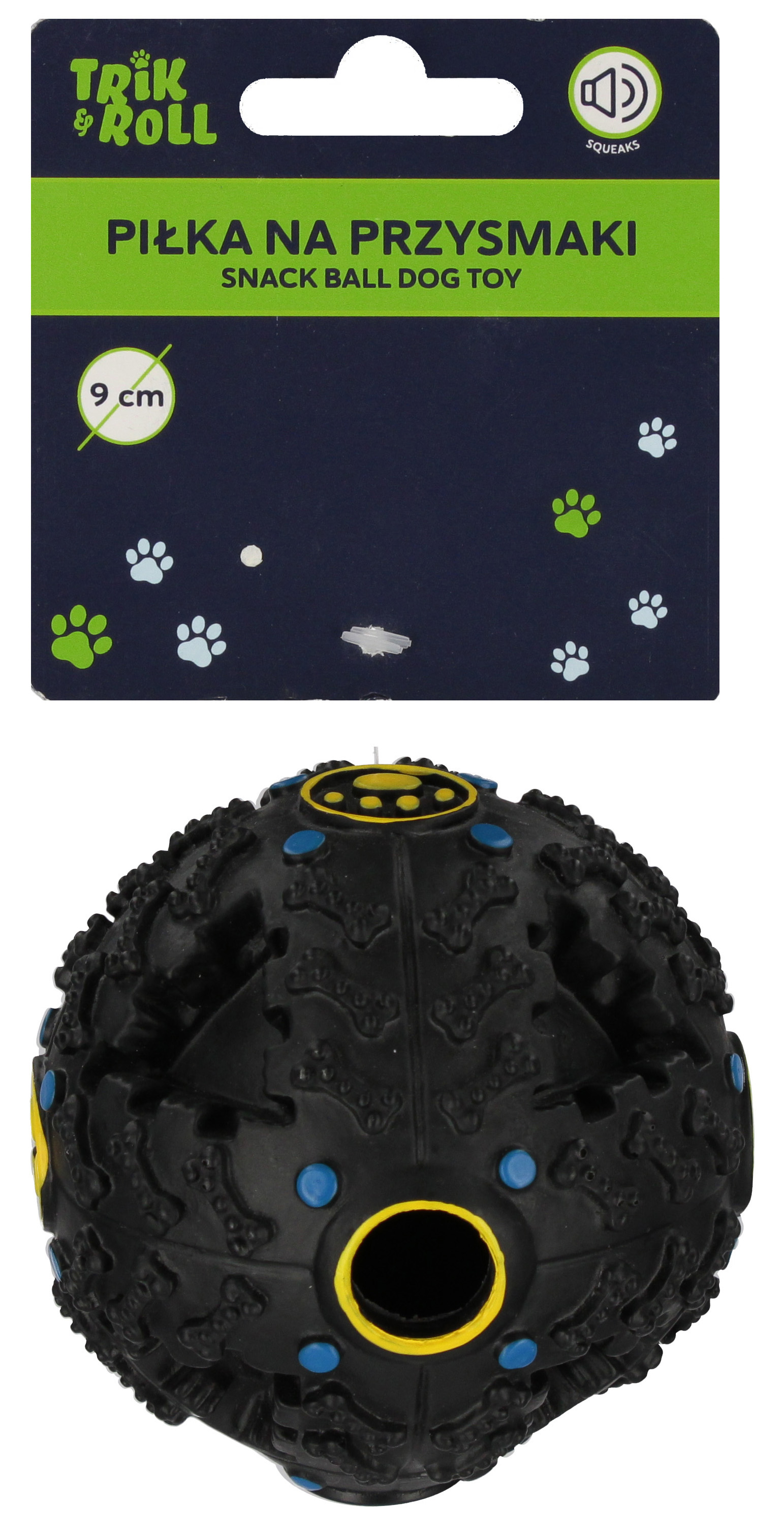Palla giocattolo per cani con suono, nera, 9 cm