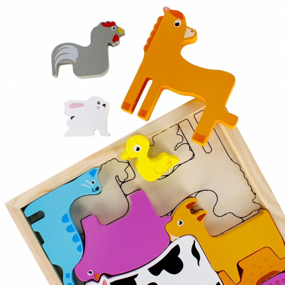puzzle in legno, animale rurale, 12 pezzi, 17x17x2